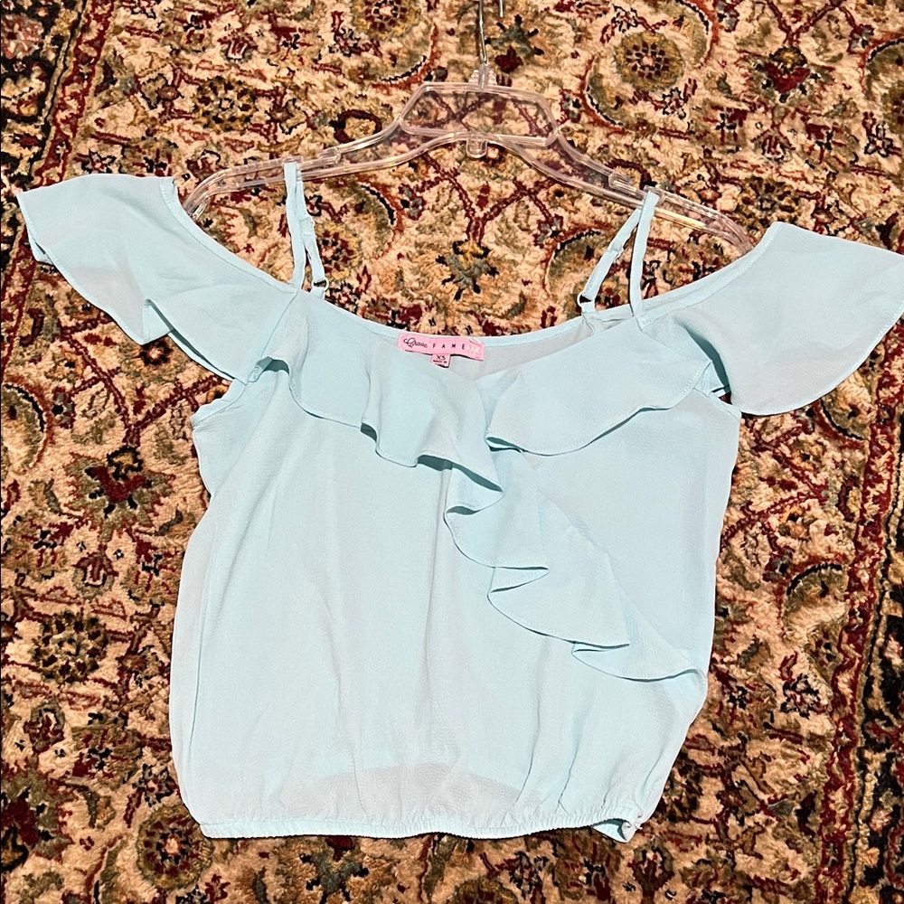 Crave Fame Light Aqua Ruffle Off-Shoulder Camisole Top Adjustable Strap XS